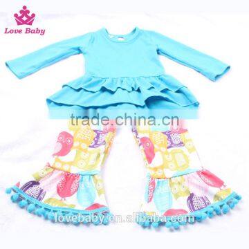 Ruffle Hem Blue Top With Owl Animal Prints Ruffle Pants Outfits Set Toldder Girl Clothing Set LBYTZ001-37 photo-3