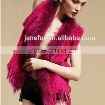 Natural color rabbit fur vest with raccoon fur collar real fur gilet fashion style