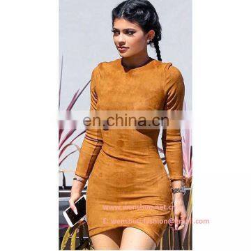 Wholesale Long Sleeve Tight Camel Suede Dress