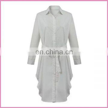 white cotton long sleeve long shirt style dress casual lady coat dress with belt