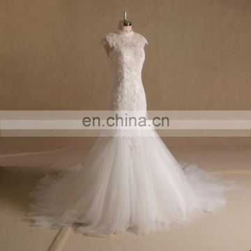 Graceful Mermaid Scoop Neck Cap Sleeve Bling Beads Lace Wedding Dress With Handmade Flowers