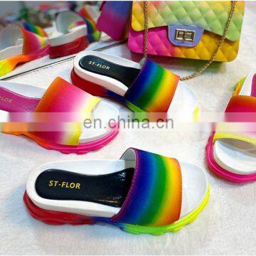 Women's glitter  Rainbow color platform sandals summer shoes Beach slippers