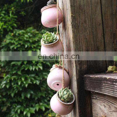 4pcs/set Wall-mounted Ceramics Flower Pots & Planters Home Decor Succulent Hemp Rope Ceramic Flowerpot Plant Hanging Pot