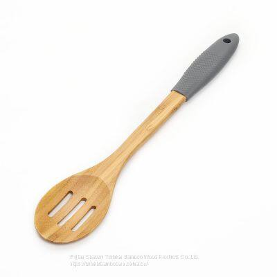 Bamboo spoon with silicon handle bambu wood slotted spoon sale