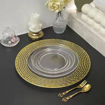 Luxury 13 inch Round Shiny Gold Rim Clear Plastic Charger Plates For Wedding Banquet Party Table Decoration