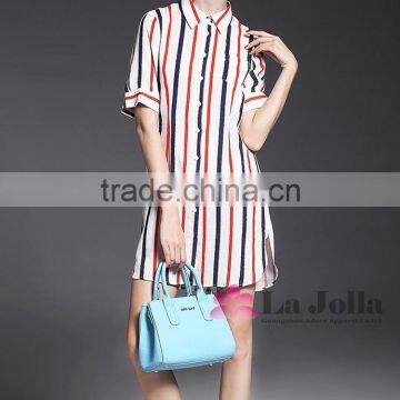 Lastest Summer Long Style Colorful Stripes Short Sleeve Blouse 093 photo-2
