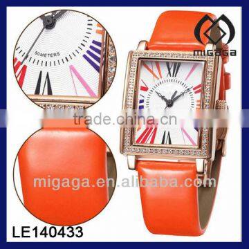 GIRLS FASHION BRASS CASE WATCH* SHINY ORANGE LEATHER BAND WATCH