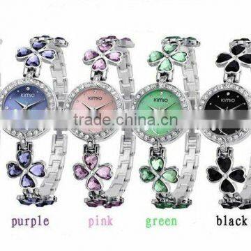 2012 new women's stainless steel stone lucky clover crystal watch, long lasting battery