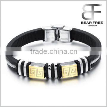 Stainless steel Genuine Silicone Men's Bangles Bracelet Wristband Gold Great Wall Engraved Bangle For Men