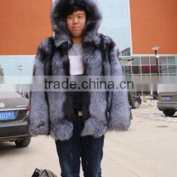 2015 Men Fox Fur Coat / Winter Real silver fox Fur Coat With big hood