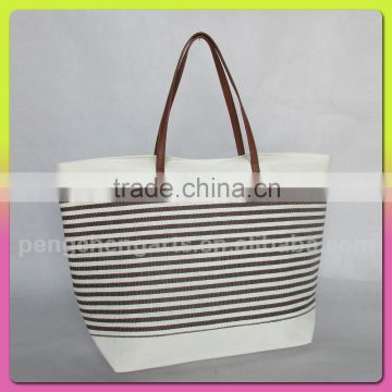 Big polyester stripe handbag with paper straw bag