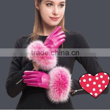 Hot Pink Lamb Leather Gloves With Fluffy Fox Fur Trim Fashion Leather Wrist Gloves