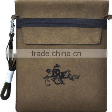 brown synthetic suede tablet sleeve with insert flap,flocked microfiber bag for ipad,