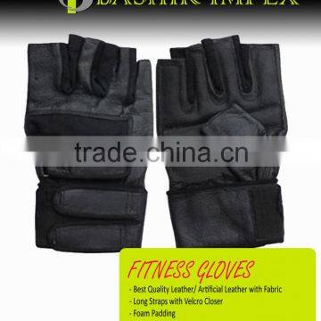 BLACK LONG STRAP LEATHER FITNESS GLOVES, HIGH QUALITY LEATHER FITNESS GLOVES WITH PADDING WITH LONG STRAPS