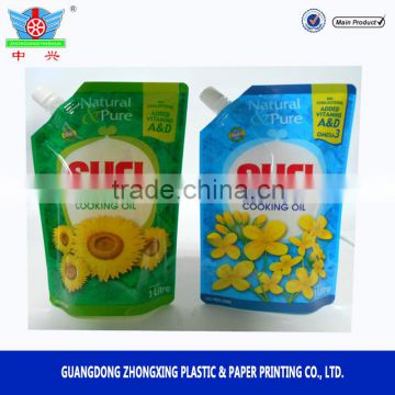 wholesale printed stand up pouch packing cooking oil plastic bag with spout