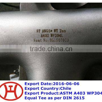 ASTM A403 WP304L Equal Tee as per DIN 2615