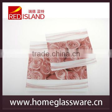 6"-12" square glass plate with rose pattern for decoration