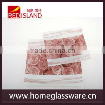 6"-12" Square Glass Plate With Rose Pattern for Decoration