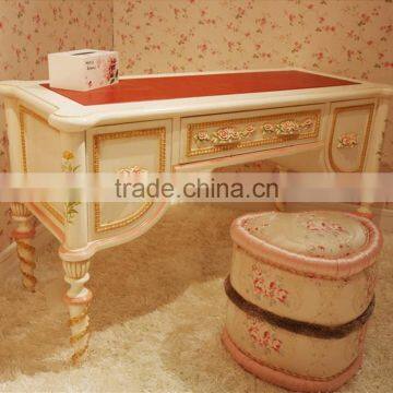 French Provincial Hand Painted Children Desk/ Fancy Lovely Girls Kids Rose Carving Wooden Study Room Writing Table