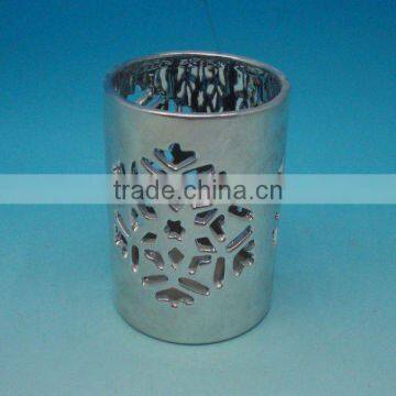 Cylinder electro-plated hollow out ceramic candle holder