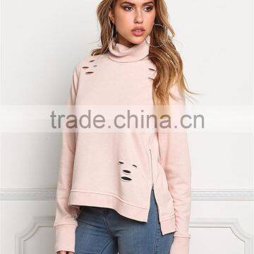 MGOO Customized Pink Distressd Hoodies For Ladies 100 Cotton Terry Tops Turtle Neck Long Sleeves Sweatshirts photo-2