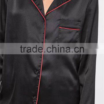 MGOO Custom Embroidery Logo Black Satin Pyjamas Sets For Women Long Sleeves Buttons Shirt Long Pants Nightwear photo-4