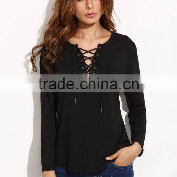 Hot Seller V Neck Rounded Hem t Shirt Fashion Lace up Women t Shirt Wholesale China