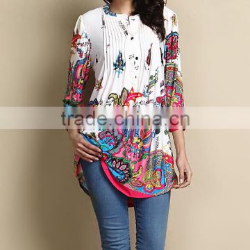 2016 New Women Tops With White Paisley Notch Neck Pin Tuck Tunic Women Blouse Women Clothing GD90426-22