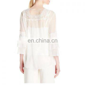 Cheap fashion high quality scoop neck chiffon ladieslong sleeve shirt wholesale