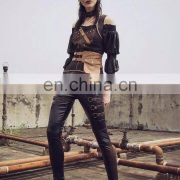Steampunk Stretchy Vegan Leather and Fleece Lining Leggings photo-4