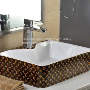 Made in China Sanitary Ware square LV design single hole luxury design tabletop new decal Wash hand Basin sinks