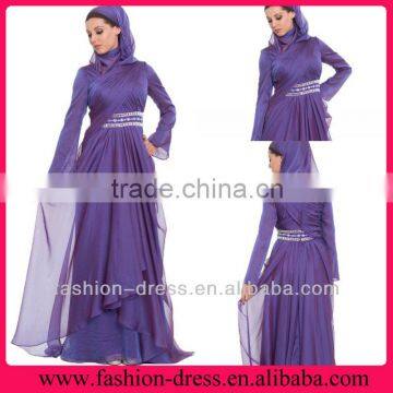 2014 New Arrival Purple Chiffon Long Sleeve Muslim Evening Dress