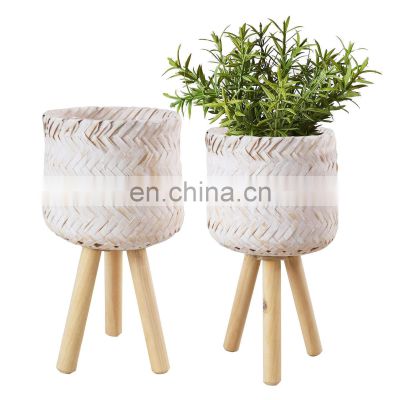 Hot Product White Bamboo Plant Stand Planter Holder Removable Legs Vietnam Supplier