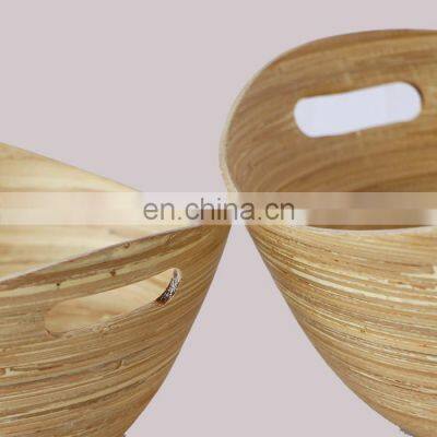 High Quality Large Set of 2 Natural Spun Bamboo Salad Bowl, Natural Handmade Serving Bowls Wholesale photo-2