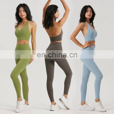 High Quality Nude Feeling Soft Custom Logo Sexy Women Backless Open Back Sport Bra Free Size Leggings 2Pcs  Fitness Gym Yoga Set