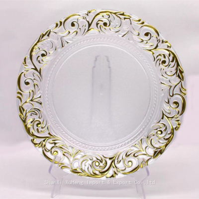 Gold Rimmed Floral Acrylic Charger Plate Transparent Clear Under Plastic Plate For Wedding