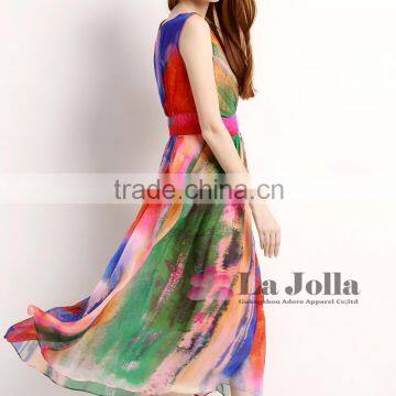 2016 New Fashion Design Women Dress Sleeveless Maxi Dress Printed Chiffon Summer Dress photo-3