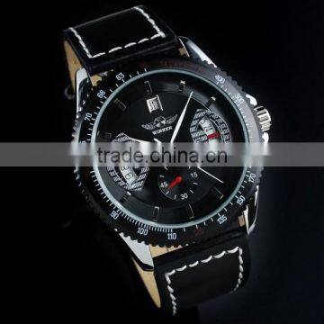 New Mens Black Dial Leather Band Classic Design Self-Wind Up Mechanical Automatic Watch WM121