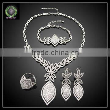 2016 New products shinny leaf shape silver zircon jewelry set EHK567