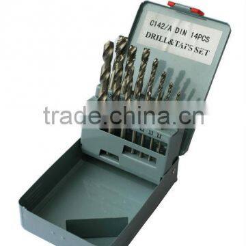 14pcs hss spiral fluted tap and drill sets,DIN371/376