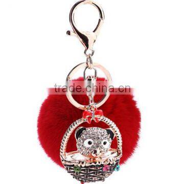 Rabbit Fur Big Ball Plush Car Key Ring Keychain With Rhinestone Bear photo-2