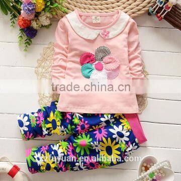 2015 autumn girl long sleeve t-shirt sets with printing colorful flower pants