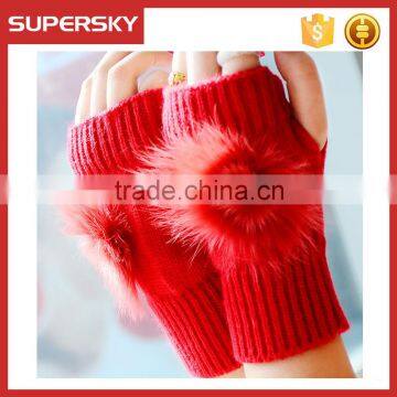 V-410 fashion crochet knitting fingerless mittten gloves with fur pom knit arm warmer