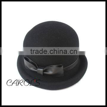 unique designed hand making wool felt hat with leather bowknot