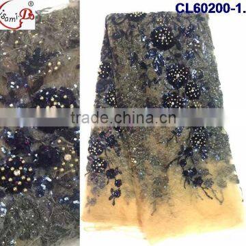 CL60200 Hot sales net lace fabric with 3D flowers with stones and sequince net lace fabric for fashion partty dress
