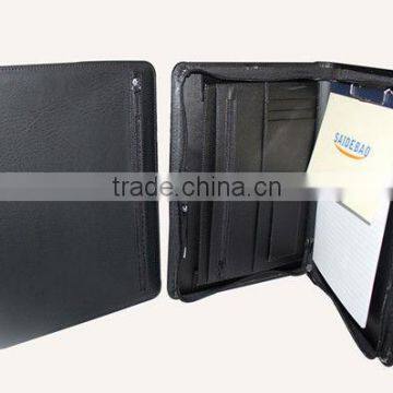 wholesale business leather portfolio with zipper and calculator and notepad