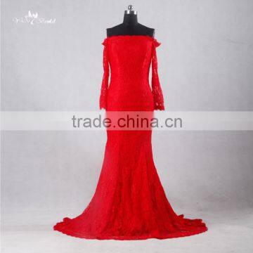 J--0095 red big ass picture of evening dress sexy french lace long sleeve off shulder mermaild wedding dress