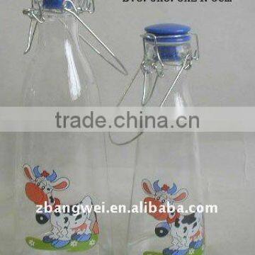 glass milk bottle with decal