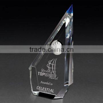 2016 Clear and Blue Optical Crystal with Silver Clock,Crystal Desk Clock, Accept Customized Logo and Shape