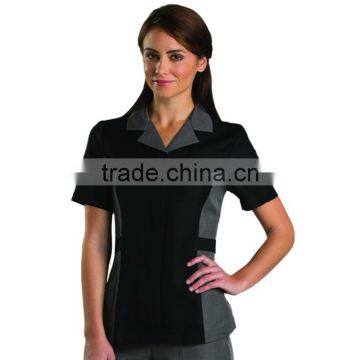 Anti-static finish 100% Polyester Zipper Down Hotel Work Staff Uniform Housekeeping Shirt with Two Deep Front Pocket